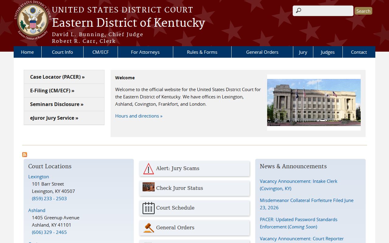 Eastern District federal court records outside Kentucky CourtNet